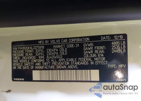 2020 Volvo Xc40 T5 Momentum z USA, uszkodzony, nr VIN YV4162UK4L2275919